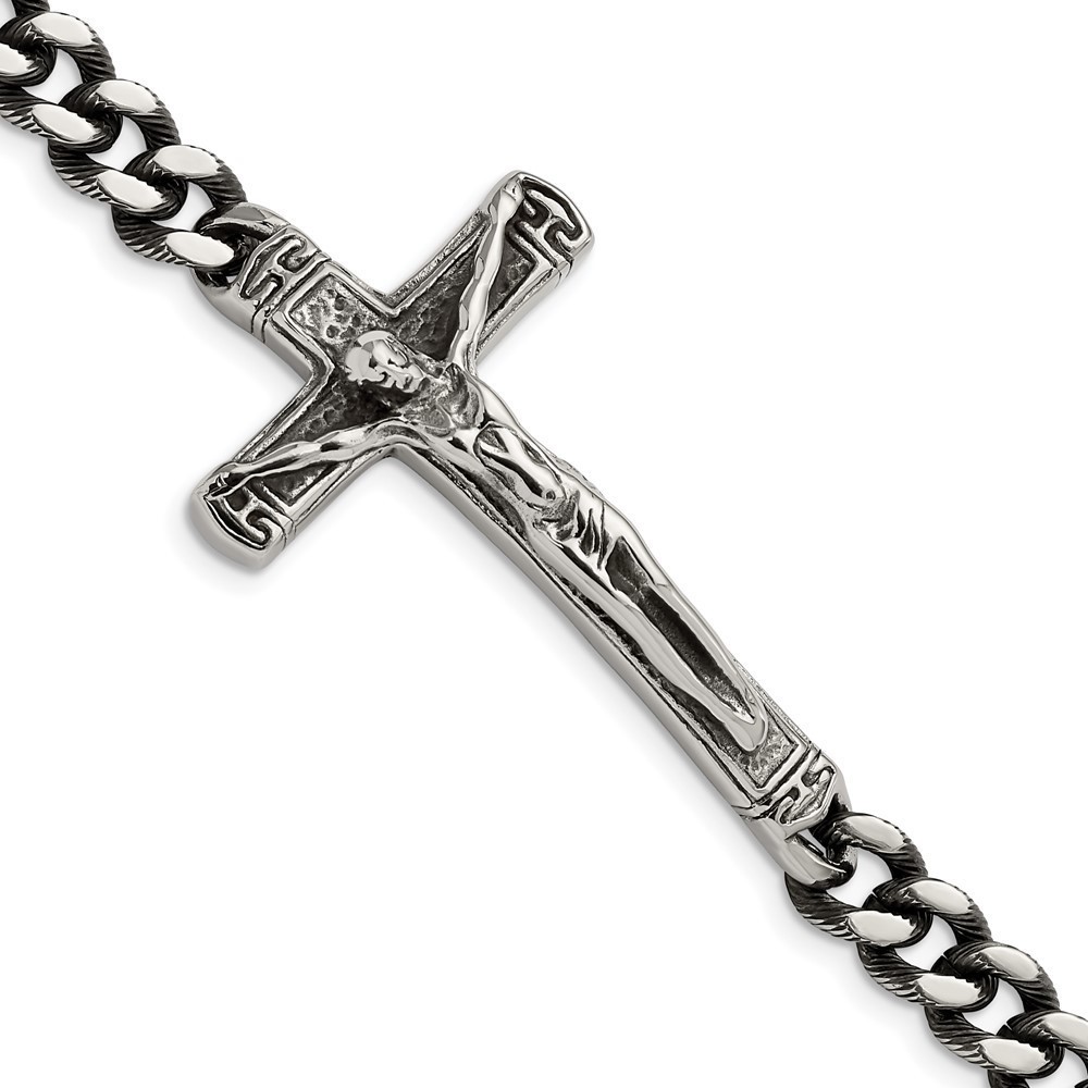 Million Charms Chisel Stainless Steel Antiqued and Crucifix 8.75 inch Bracelet